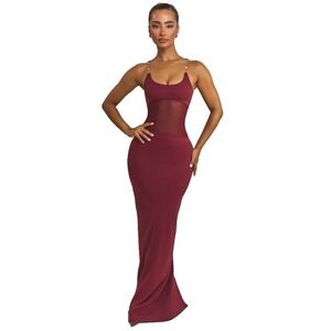 Mars The Label Burgundy Mesh Drop Waist Maxi Dress NWT Slinky Bodycon Wine Sz 12